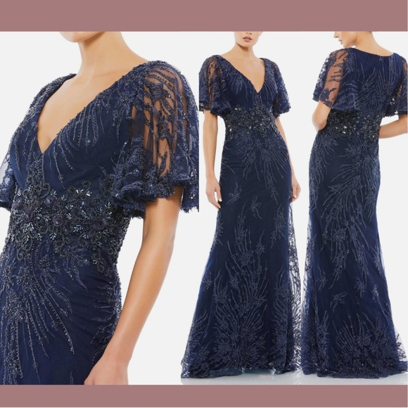 NWT $798 Mac Duggal [ 16 ]‎ Flutter Embellished Lace Gown Midnight Blue - Picture 1 of 16